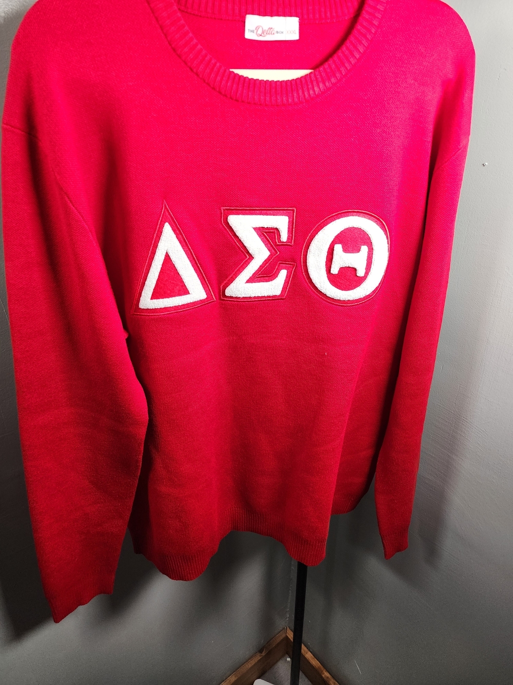 The Quilted Company Red Crewneck Sweater with White Greek Letters